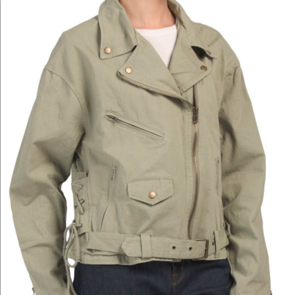 NWT moss green denim moto jacket.